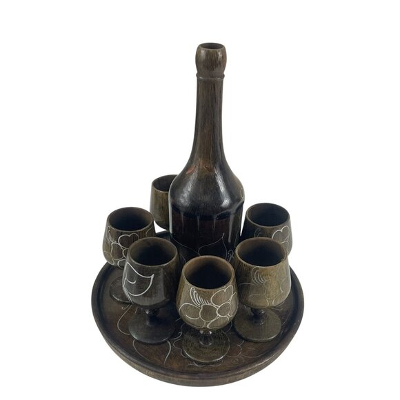 Handcrafted Wooden MCM Hand Turned Decanter Set With 6 Floral Etched Goblets & R - Picture 6 of 12